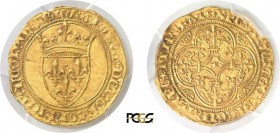 599-France
 Charles VI (1380-1422)
 Ecu d'or à la couronne - 4ème émission (29 juillet 1394)
 Point 4ème Montpellier.
 D’une qualité exceptionnell...