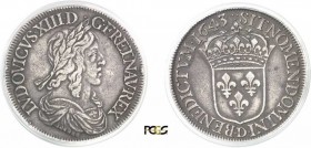 612-France
 Louis XIII (1610-1643)
 Ecu de 60 sols - 2ème poinçon de Warin - 1643 D Lyon.
 Très rare.
 Le seul exemplaire gradé.
 Exemplaire de l...