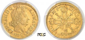 617-France
 Louis XIV (1643-1715)
 Double louis d'or aux 8 L et insignes - 1702 B Rouen.
 Réformation.
 Rare et magnifique exemplaire.
 Le seul e...