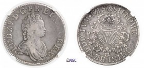 637-France
 Louis XV (1715-1774)
 Ecu aux 3 couronnes - 1715 W Lille.
 Rarissime type connu à quelques exemplaires.
 Deuxième plus haut grade.
 3...