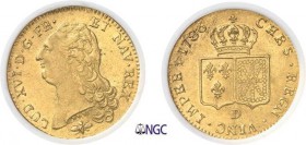 640-France
 Louis XVI (1774-1792)
 Double louis d'or à la tête nue - 1786 D Lyon - 1er
 semestre.
 Rare dans cette qualité.
 15.29g - L4L. 537 - ...