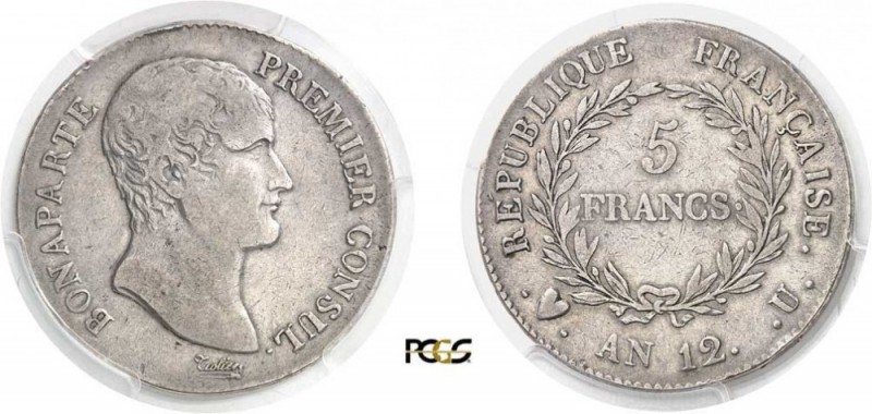 652-France
 Consulat (1799-1804)
 5 francs - An 12 U Turin.
 D'une grande rar...