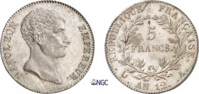 662-France
 Napoléon Ier (1804-1814)
 5 francs type intermédiaire - An 12 A Paris.
 Qualité extraordinaire pour ce type.
 Le plus bel exemplaire g...