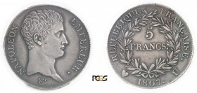 663-France
 Napoléon Ier (1804-1814)
 5 francs - 1807 U Turin.
 Très rare.
 Chevelure regravée.
 Aucun exemplaire gradé.
 25.0g - G. 581 - F. 30...
