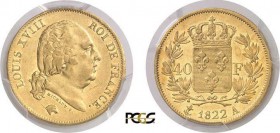 680-France
 Louis XVIII (1814-1824)
 40 francs or - 1822 A Paris.
 Rarissime - 367 exemplaires.
 Le plus bel exemplaire gradé.
 12.9g - G. 1092 -...