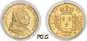 681-France
 Louis XVIII (1814-1824)
 20 francs or - 1814 A Paris - Grand 4.
 Magnifique exemplaire.
 6.45g - G. 1026 - F. 517.1 - Fr. 525
 Pratiq...