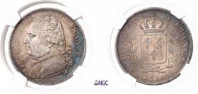 684-France
 Louis XVIII (1814-1824)
 Epreuve en argent sur flan bruni du 5 francs - 1814 A
 Paris.
 Type adopté.
 D’une grande rareté - Le plus b...