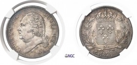 688-France
 Louis XVIII (1814-1824)
 5 francs tête nue - 1823 A Paris.
 Rarissime qualité pour ce type.
 Le plus bel exemplaire gradé.
 25.0g - G...