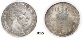 690-France
 Charles X (1824-1830)
 Essai en étain argenté du 100 francs or Tiolier (1830).
 Tranche lisse - Sans le "T" sous le cou.
 Rarissime.
...