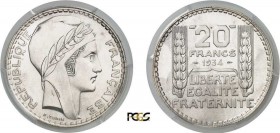 813-France
 IIIème République (1871-1940)
 Epreuve en argent du 20 francs Turin - 1934.
 Tranche lisse et striée.
 Trois exemplaires connus.
 Deu...
