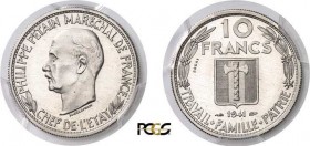 816-France
 Etat Français (1940-1944)
 Essai en bronze de nickel du 10 francs Pétain - 1941.
 Delannoy.
 Très rare.
 Le seul exemplaire gradé.
 ...