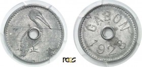 825-Gabon
 Monnaie au pélican - 1928.
 D'une grande rareté.
 Le seul exemplaire gradé.
 3.0g - Lec. 20 - KM Tn4
 Superbe - PCGS AU 58