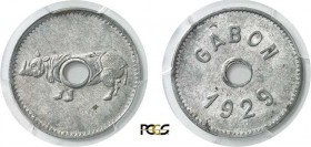 826-Gabon
 Monnaie au rhinocéros - 1929.
 D'une insigne rareté.
 Le plus bel exemplaire gradé.
 3.0g - Lec. 21 - KM Tn5
 Superbe - PCGS AU 55