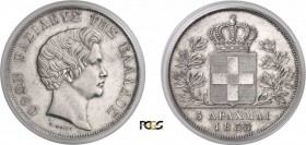 828-Grèce
 Othon (1832-1862)
 5 drachmes -1833 Munich.
 Rare et magnifique exemplaire.
 22.38g - Divo 10a - KM 20
 Superbe à FDC - PCGS MS 61