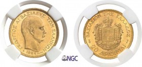 831-Grèce
 Georges Ier (1863-1913)
 20 drachmes or - 1884 A Paris.
 Rare dans cette qualité.
 6.45g - Divo 47 - KM 56 - Fr. 18
 Superbe à FDC - N...