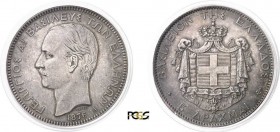 832-Grèce
 Georges I (1863-1913)
 5 drachmes - 1876 A Paris.
 Très rare dans cette qualité.
 25.0g - Divo 50 b - KM 46
 Superbe à FDC - PCGS MS 6...