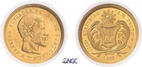 839-Guatemala
 République (1821 à nos jours)
 10 pesos or - 1869 R.
 Exemplaire de la collection Eliasberg.
 16.12g - KM 193 - Fr. 40
 Superbe à ...