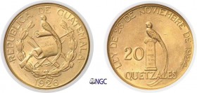 841-Guatemala
 République (1821 à nos jours)
 20 quetzals or - 1926 Philadelphie.
 Magnifique exemplaire.
 Le plus bel exemplaire gradé.
 33.43g ...