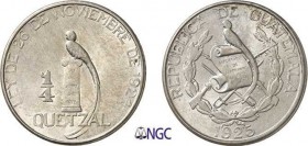 844-Guatemala
 République (1821 à nos jours)
 1/4 quetzal - 1925 Philadelphie.
 Très rare.
 8.33g - KM 240.2
 Pratiquement FDC - NGC MS 63