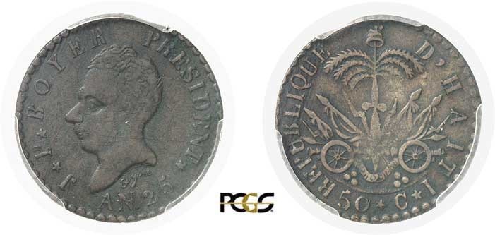 855-Haïti
 Ière République (1825-1849)
 50 centimes en cuivre - An 25 (1828)....