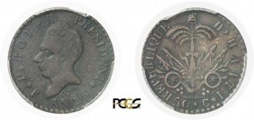 855-Haïti
 Ière République (1825-1849)
 50 centimes en cuivre - An 25 (1828).
 Non coté sur le KM.
 Rayures à l’avers.
 KM 20a
 TTB - PCGS XF De...