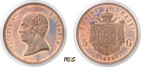 859-Haïti
 Faustin I (1849-1858)
 Epreuve en cuivre du 5 gourdes - 1854 - Petite tête.
 Tranche striée - Frappe monnaie.
 D’une grande rareté.
 L...