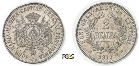 874-Honduras
 République (1839 à nos jours)
 Epreuve en cupro-nickel du 2 réales - 1870 - C. Tasset.
 Tranche lisse - Frappe monnaie.
 Très rare....