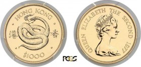 877-Hong-Kong
 Elisabeth II (1952-1997)
 1.000 dollars or - 1977 - Année du serpent.
 Le plus bel exemplaire gradé.
 15.97g - KM 42 - Fr. 3
 FDC ...