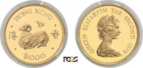 879-Hong-Kong
 Elisabeth II (1952-1997)
 Epreuve sur flan bruni du 1.000 dollars or - 1979.
 Année de la chèvre.
 Le plus bel exemplaire gradé.
 ...