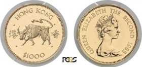 884-Hong-Kong
 Elisabeth II (1952-1997)
 1.000 dollars or - 1985 - Année du boeuf.
 Le plus bel exemplaire gradé.
 15.97g - KM 53 - Fr. 11
 FDC E...