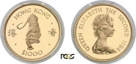 885-Hong-Kong
 Elisabeth II (1952-1997)
 Epreuve sur flan bruni du 1.000 dollars or - 1986.
 Année du tigre.
 Deuxième plus haut grade.
 15.97g -...