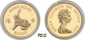 886-Hong-Kong
 Elisabeth II (1952-1997)
 Epreuve sur flan bruni du 1.000 dollars or - 1987.
 Année du lapin.
 Le plus bel exemplaire gradé.
 15.9...
