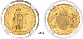 891-Hongrie
 François-Joseph Ier (1848-1916)
 100 couronnes or - 1907 KB Kremnitz.
 Année très rare - 1.088 exemplaires.
 Deuxième plus haut grade...