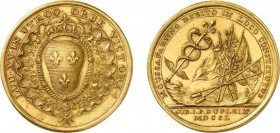 899-Indes Françaises
 Louis XV (1715-1774)
 Médaille en or - 1750 - Non signé - Commémore les victoires militaires de Louis XV en Inde.
 Av : LUD.X...