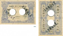 935-Indochine
 Spécimen sur billet coursable tamponné ANNULE en noir et perforé du 100 dollars / 100 piastres - Type II
 1875 modifié - Saïgon tampo...