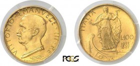 1019-Italie
 Victor-Emmanuel III (1900-1946)
 100 lires or - 1933 - An XI R Rome.
 Très rare dans cette qualité.
 Le plus bel exemplaire gradé.
 ...