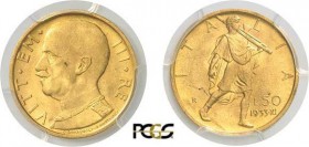 1021-Italie
 Victor-Emmanuel III (1900-1946)
 50 lires or - 1933 - An XI R Rome.
 4.4g - Mont. 40 - KM 71 - Fr. 34
 Pratiquement FDC - PCGS MS 64