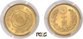1032-Japon
 Mutsuhito (1867-1912)
 10 yens or - An 42 (1909).
 Magnifique exemplaire.
 8.33g - KM 33 - Fr. 51
 Pratiquement FDC - PCGS MS 63