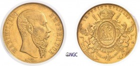1078- Mexique
 Maximilien (1864-1867)
 20 pesos or - 1866 Mo Mexico.
 Très rare dans cette qualité.
 Exemplaire de la collection Eliasberg.
 33.8...