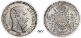 1079-Mexique
 Maximilien (1864-1867)
 1 peso - 1866 Mo Mexico.
 Qualité remarquable.
 27.07g - KM 388.1
 Superbe à FDC- NGC MS 62