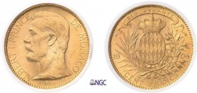 1086-Monaco
 Albert Ier (1889-1922)
 100 francs or - 1904 A Paris.
 Magnifique exemplaire.
 Deuxième plus haut grade.
 32.25g - G. MC 124 - KM 10...