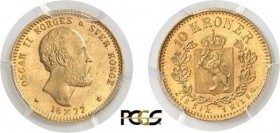 1098-Norvège
 Oscar II (1872-1905)
 10 couronnes or - 1877.
 Rarissime surtout dans cette qualité.
 4.48g - KM 358 - Fr. 18
 FDC - PCGS MS 65
