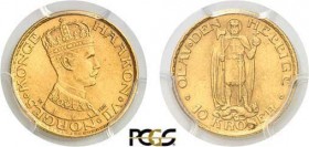 1100-Norvège
 Haakon VII (1905-1957)
 10 couronnes or - 1910.
 Rare et magnifique exemplaire.
 4.48g - KM 375 - Fr. 20
 Pratiquement FDC - PCGS M...