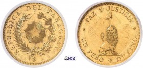 1106-Paraguay
 République (1811 à nos jours)
 Epreuve en or du 1 peso - 18xx (vers 1889).
 Frappé sur un 20 soles or 1863 du Pérou.
 Rarissime.
 ...