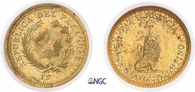 1109-Paraguay
 République (1811 à nos jours)
 Epreuve en or du 50 centavos - 18xx (vers 1889).
 Frappé sur un 4 escudos or 1826 du Chili.
 Rarissi...