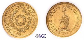 1111-Paraguay
 République (1811 à nos jours)
 Epreuve en or du 20 centimos - 18xx (vers 1889).
 Frappé sur un 5 pesos ou argentino 1887 d’Argentine...