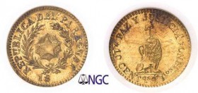 1113-Paraguay
 République (1811 à nos jours)
 Epreuve en or du 10 centimos - 18xx (vers 1889).
 Frappé sur un 2 pesos 1875 du Chili.
 Rarissime.
...