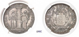 1131-Pérou
 République (1821 à nos jours)
 8 réales - 1822 JP Lima - Monnayage provisoire.
 Rare et magnifique exemplaire.
 25.0g - KM 136
 Super...
