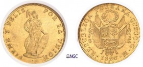 1132-Pérou
 République (1821 à nos jours)
 8 escudos or - 1826 GM Cuzco.
 Magnifique exemplaire.
 Exemplaire de la collection Eliasberg.
 Le plus...