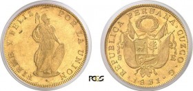 1133-Pérou
 République (1821 à nos jours)
 8 escudos or - 1831 G Cuzco.
 Magnifique exemplaire.
 27.0g - XC 2074 - KM 148.2 - Fr. 63
 Superbe - P...